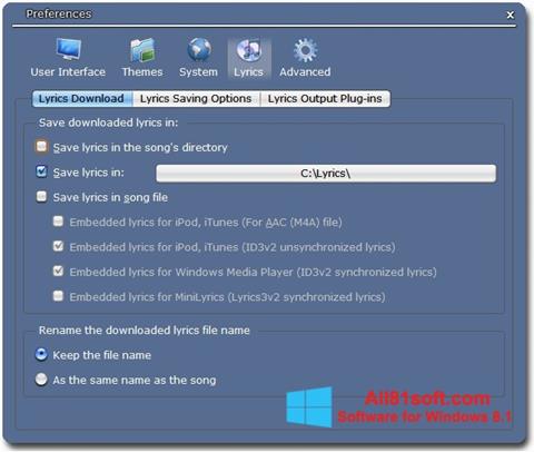 スクリーンショット Minilyrics Windows 8.1版
