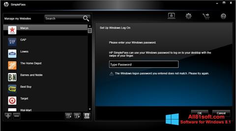 スクリーンショット HP SimplePass Windows 8.1版